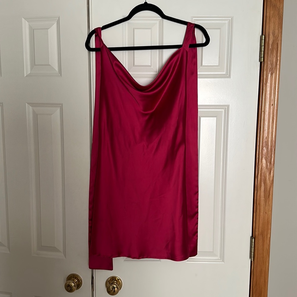 Hot pink silky cowl neck mini dress